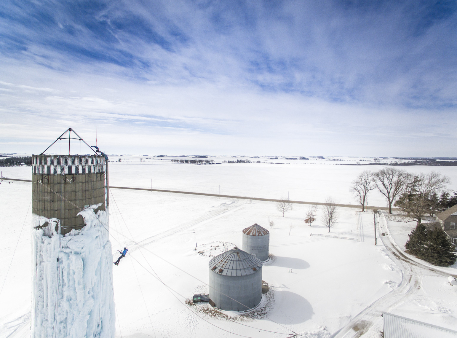 Ice climbing a silo in Northern Iowa