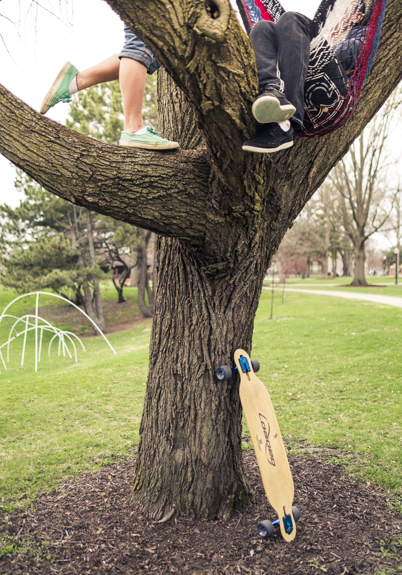 Two college students hang out in a tree with their skateboard in a photo by Ryan Donnell
