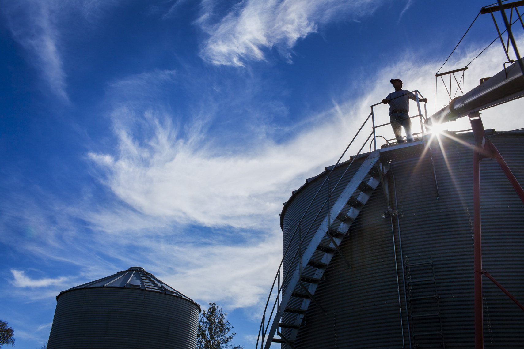 A silohuette of a farmer as he surveys his fields from atop a silo.