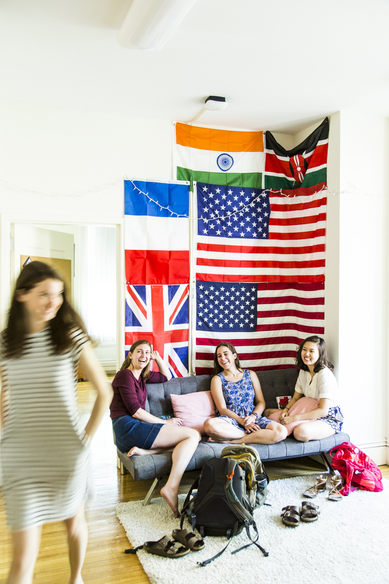 A group of college students hang out in their international dorm in a photo by Ryan Donnell