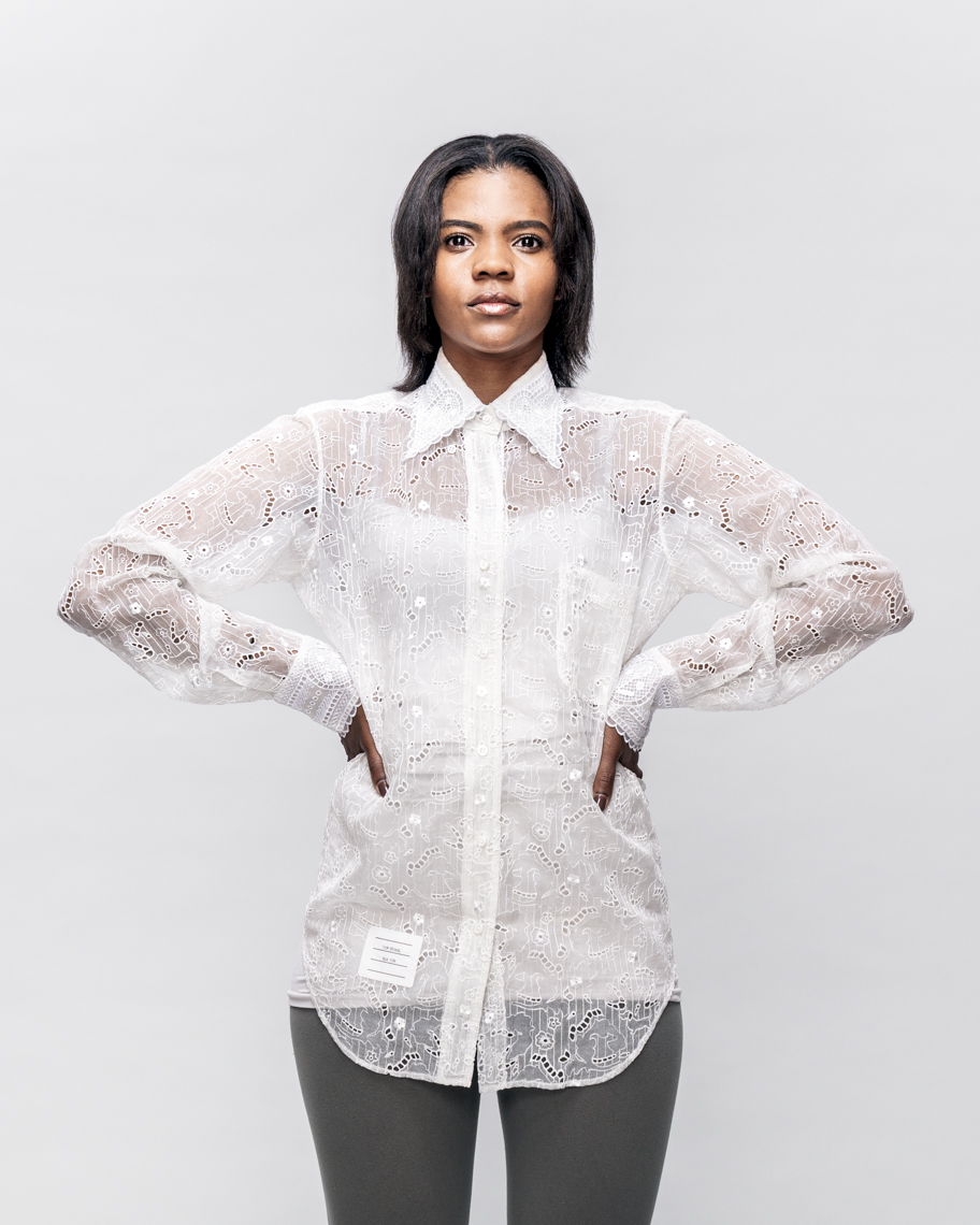 Portrait of Candace Owens against a white seamless by Washington DC photographer Ryan Donnell