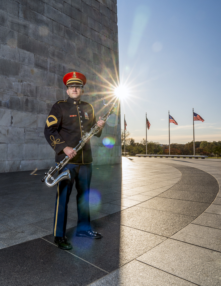 Portrait of military musician near Washington Monument  by Washington DC photographer Ryan Donnell