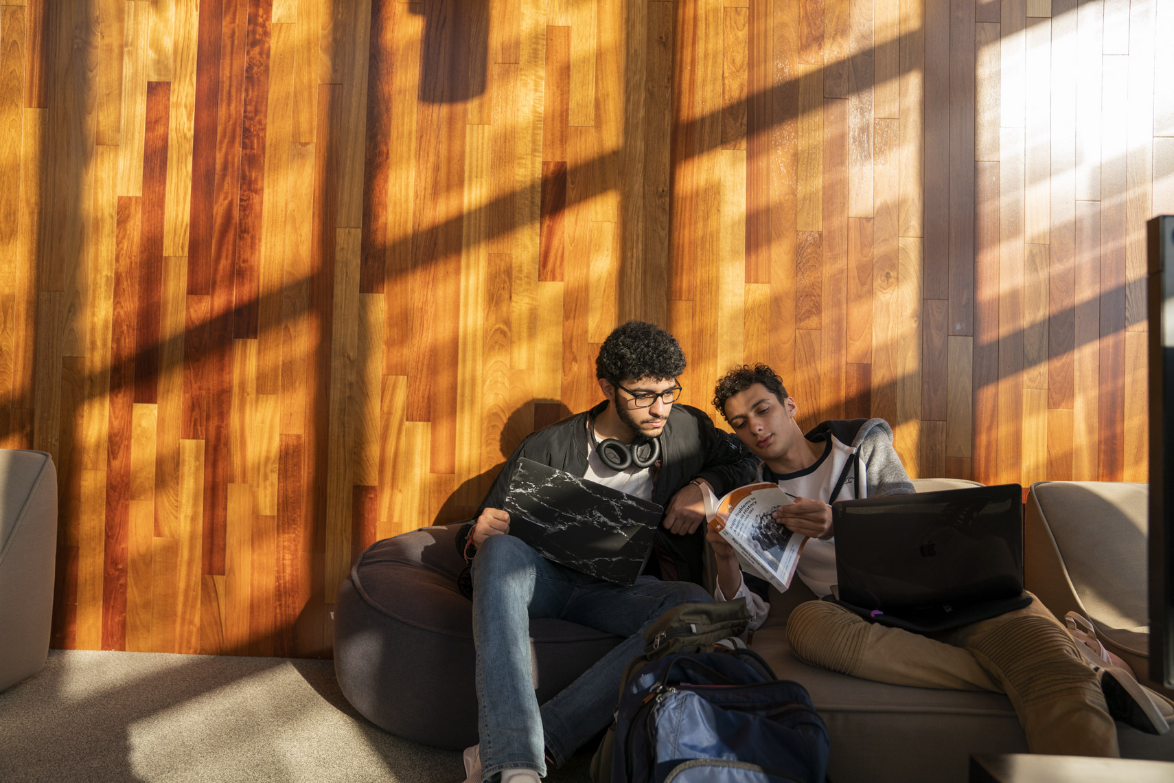 Two students study together in a sunlit college library in a photo by Ryan Donnell